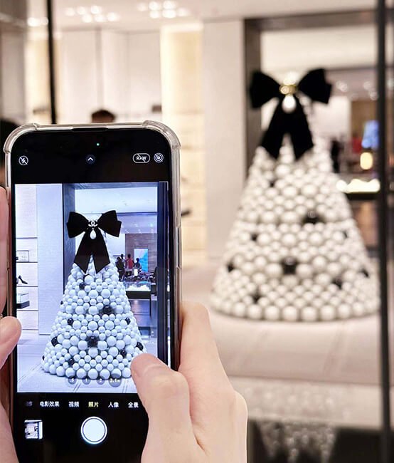 Chanel Christmas tree for store interior entrance visual merchandising