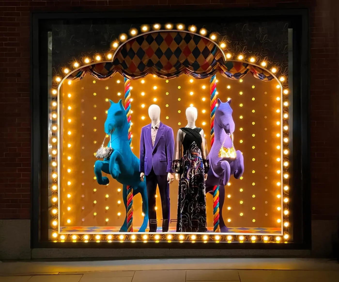 carousel horse window display illuminated
