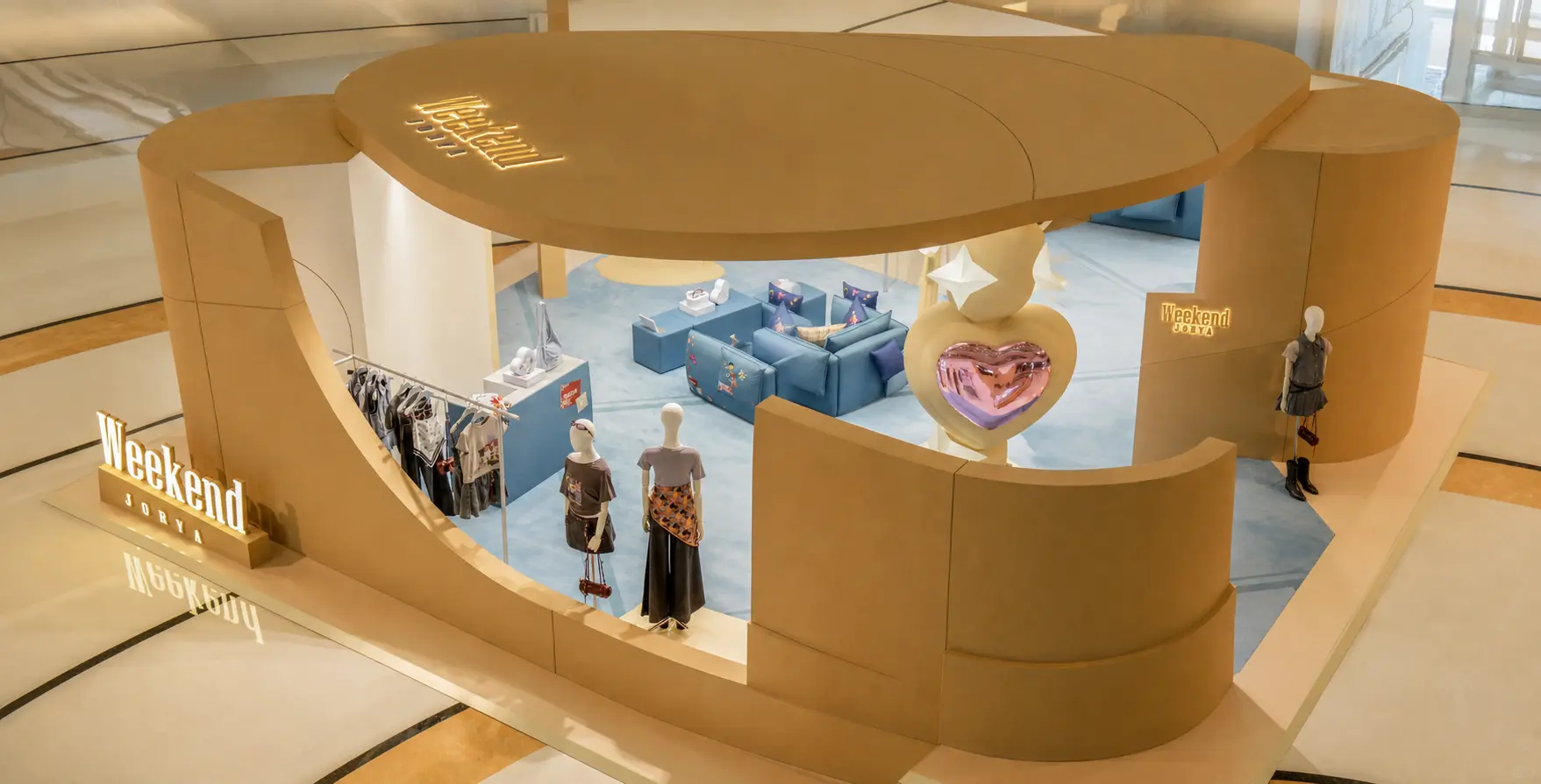 Modular pop-up store buildout with branded walls and arch entrance