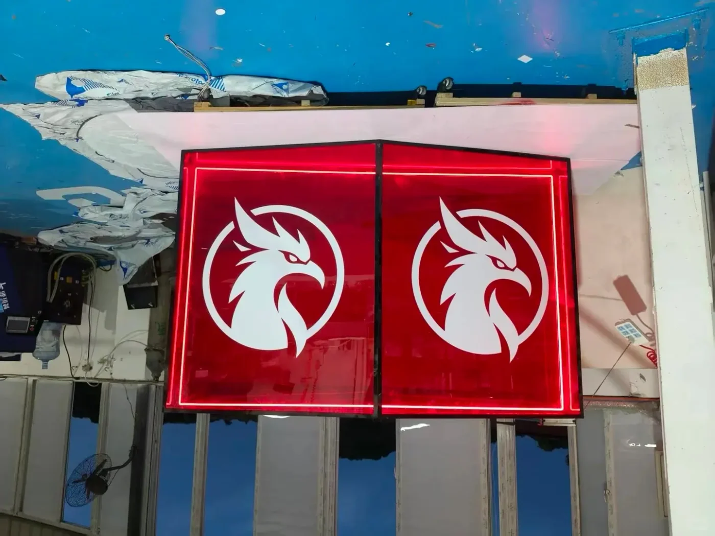 red acrylic hanging lightbox display sign